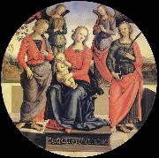 Pietro vannucci called IL perugino The Virgin and the Nino acompanados for two angeles, Holy Rose and Holy Catalina oil painting reproduction